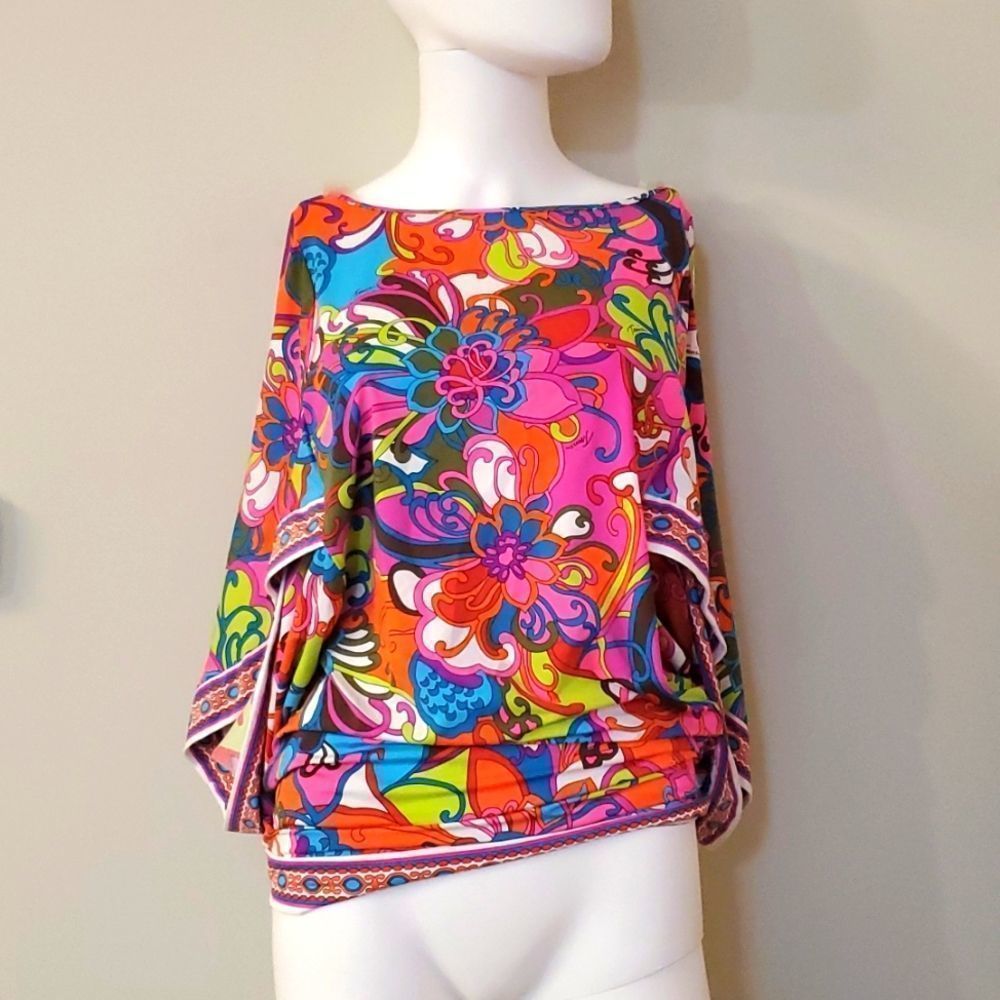 Trina Turk retro bright blouse, S, floral, open back